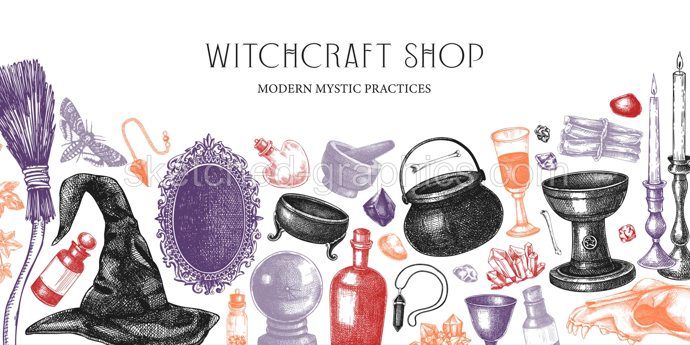 Bohemian style witchcraft banner. Vinatge Halloween sketches. Hand-drawn vector illustration. Antique apothecary banner design. Witchcraft shop border. NOT AI generated Illustration